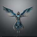 Ethereal Blue Winged Female Character In Shiny Armor With Spread Angelic Wings