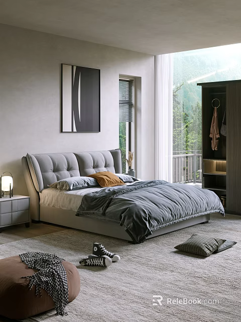 Modern Bedroom Interior With Upholstered Headboard Gray Bedding Bedside Lamp And Window View 3d model 