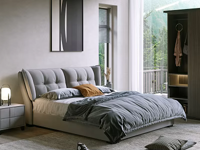Modern Bedroom Interior With Upholstered Headboard Gray Bedding Bedside Lamp And Window View 3d model