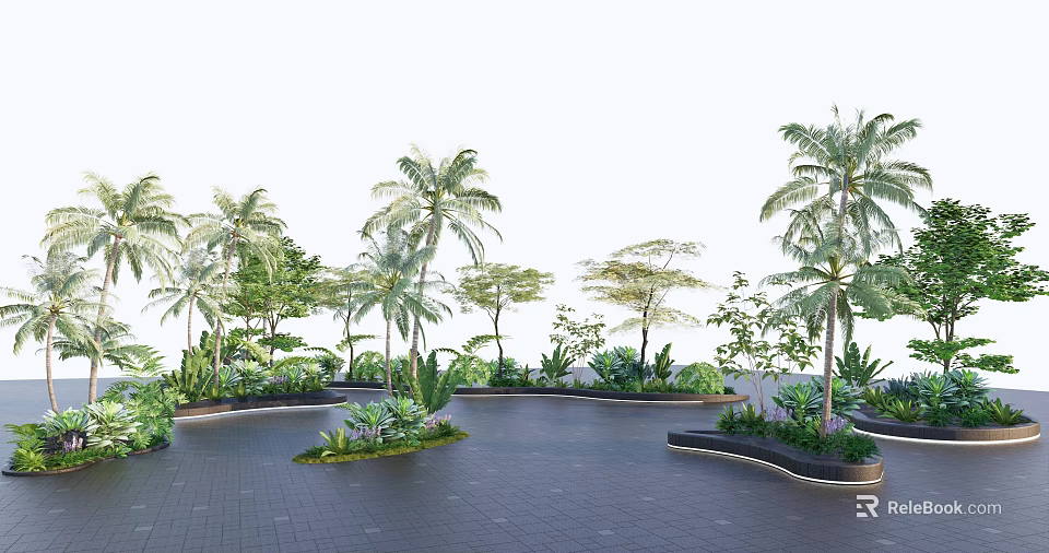 Tree Planters in Outdoor Landscape with Palm Trees and Green Plants 3d model 