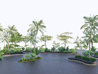 Tree Planters in Outdoor Landscape with Palm Trees and Green Plants 3d model