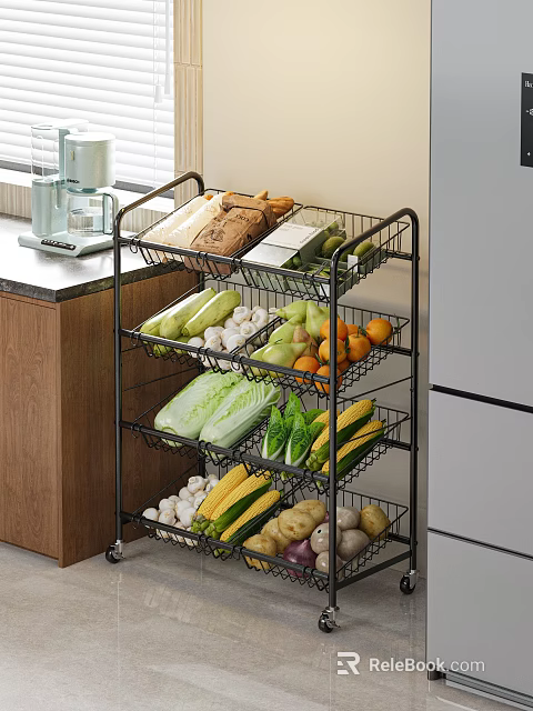 Fresh Oranges And Fruits On Metal Wire Rack In Kitchen 3d model 