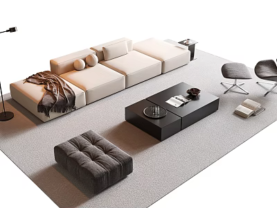 Modern Minimalist Sofa Coffee Table Set With Beige Sofa Black Table Ottoman Chairs And Rug 3d model