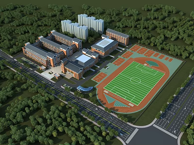 School Building Complex Featuring Football Field Running Track and Lush Trees 3d model