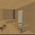 Wooden Shower Sauna Interior Design With Stove Bench And Bucket Elements 3d model