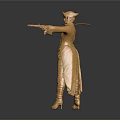Golden Woman Statue Wearing Elaborate Costume Holding Sword in Standing Warrior Pose