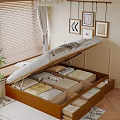 Cozy Double Bed Interior With Wooden Frame Window Blinds Curtains Framed Pictures And Pillows