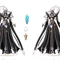 Game Movie Characters in Black Robe Silver Decorations Spiked Headdress Blue Crystal Golden Object