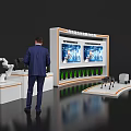 Modern Hi tech Exhibition Booth Design With Display Island Robots Large Screens And Green Plants