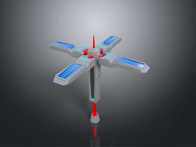 Solar Powered Satellite Structure With Four Blue Panels Red Components And Gray Base 3d model