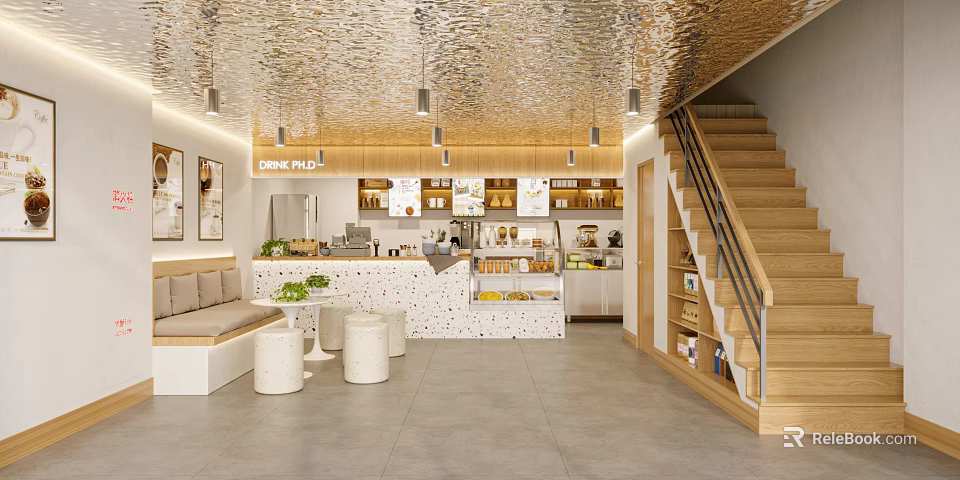 Modern Café Interior With Gold Ceiling Open Bar Counter White Stools And Wooden Staircase 3d model 