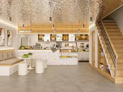 Modern Café Interior With Gold Ceiling Open Bar Counter White Stools And Wooden Staircase 3d model