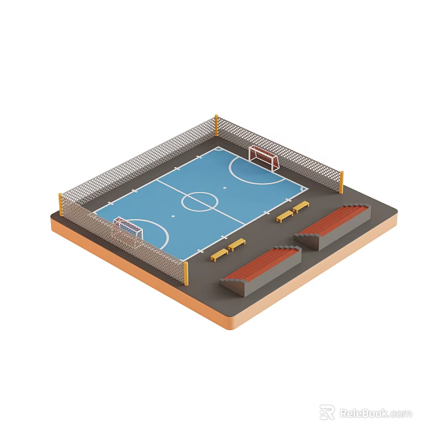 School Sports Facility Building With Fenced Football Court Blue Surface And Bench Seats 3d model 