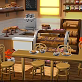 Cozy Bakery Interior With Wooden Tables Bread Display Chalkboard Menu String Lights And Shelves Jars