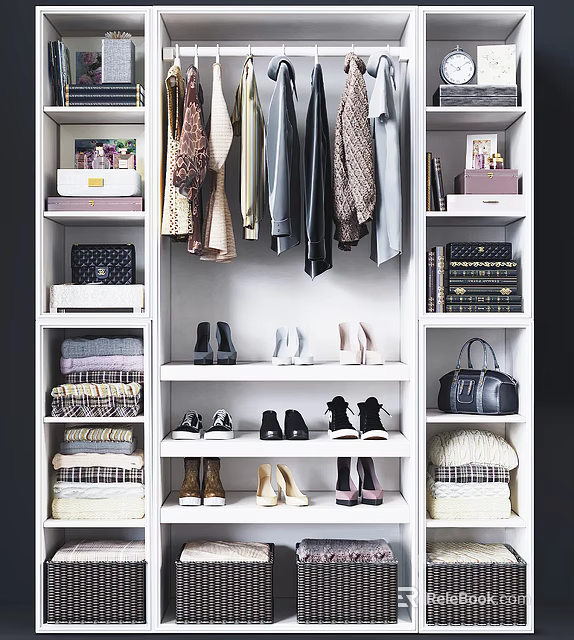 Modern Wardrobe Interior With Hanging Clothes Shoes Folded Garments Bags And Books 3d model 