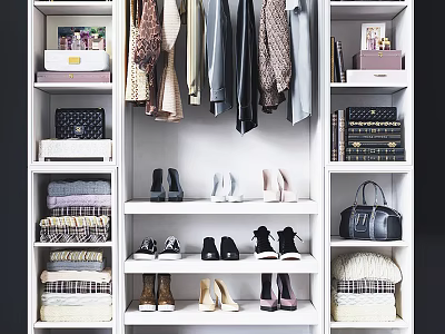 Modern Wardrobe Interior With Hanging Clothes Shoes Folded Garments Bags And Books 3d model