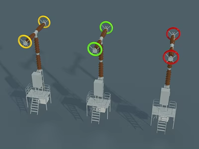 Three Industrial Equipment Units with Colored Markers Yellow Green Red Vertical Columns Platforms and Ladders 3d model