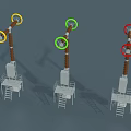 Three Industrial Equipment Units with Colored Markers Yellow Green Red Vertical Columns Platforms and Ladders