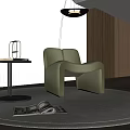 Green Velvet Leisure Chair On Round Rug With Side Table Pendant Light Wooden Wall