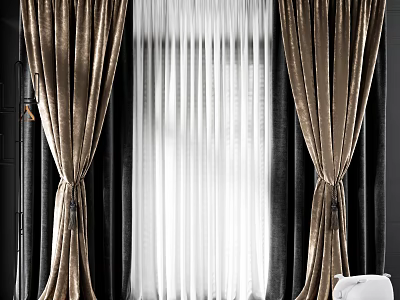 Elegant Golden Velvet Curtains With White Sheer Layer And Dark Background 3d model