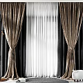 Elegant Golden Velvet Curtains With White Sheer Layer And Dark Background