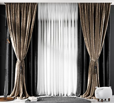 Elegant Golden Velvet Curtains With White Sheer Layer And Dark Background 3d model