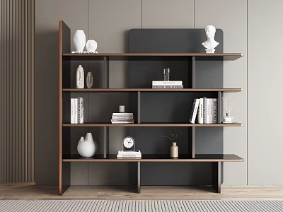 Modern Wooden Bookshelf with Open Layered Shelves Books Sculptures and Vases in Minimalist Interior 3d model