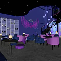 Modern Luxury Bar With Purple Lighting Counter Wine Racks Seats Wing Decor And Glass Walls