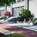 Municipal Road With Covered Parking Canopy Landscaped Areas Parked Cars And Pedestrians