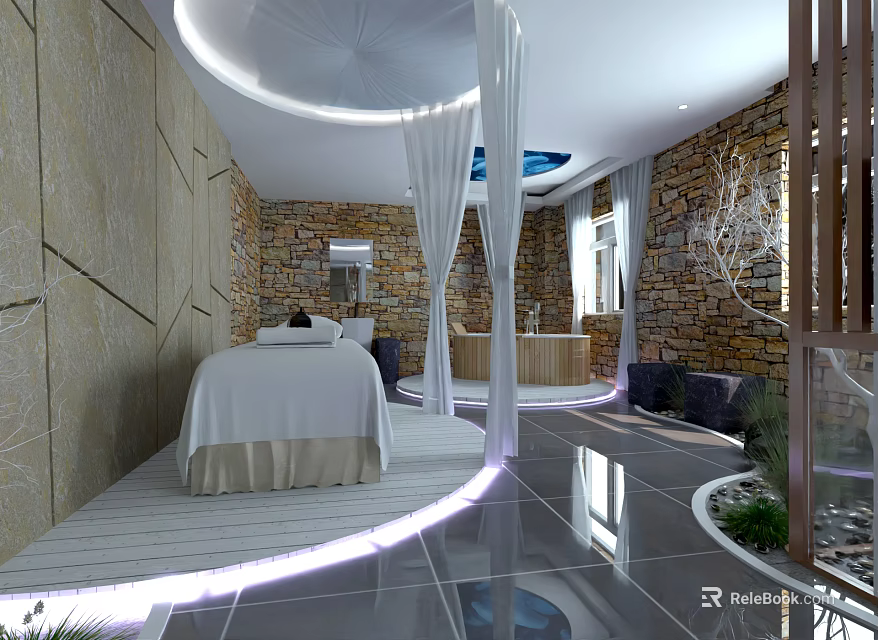 Modern SPA Sauna Interior Design With Stone Walls Cozy Bed And Soft Lighting 3d model 