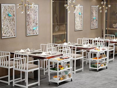 Elegant Hotpot Restaurant Interior With White Chairs Dining Tables Decorative Paintings Food Carts And Chandeliers 3d model