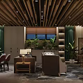 Modern Clubhouse Interior With Wooden Ceiling Green Plants Billiard Table Sofa And Dining Chairs