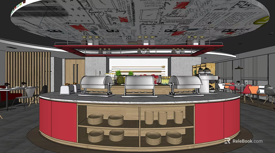 Modern Restaurant Interior Featuring Circular Buffet Counter Red Cabinets And Silver Warming Stations 3d model