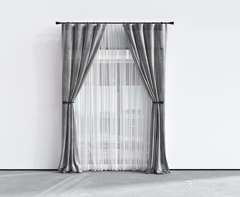 Modern Layered Gray Curtains With White Sheer Panels And Black Rod 3d model 