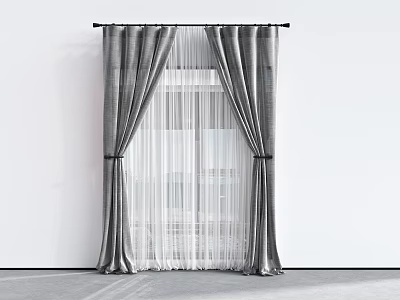 Modern Layered Gray Curtains With White Sheer Panels And Black Rod 3d model