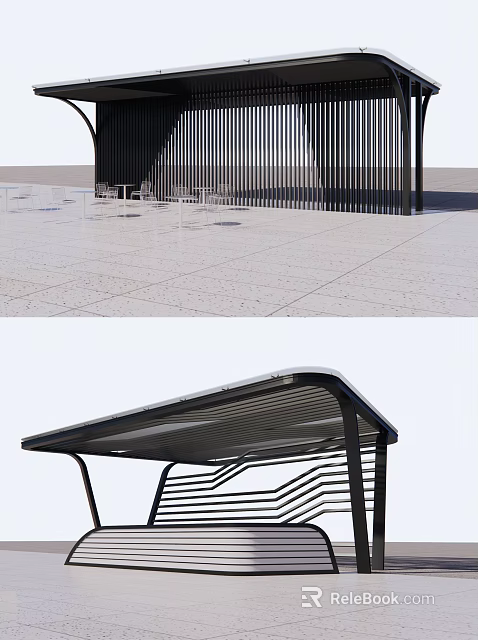 Modern Pergola With Black Slatted Structure And Stone Paved Ground Area 3d model