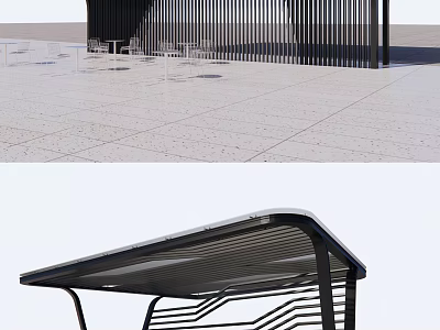 Modern Pergola With Black Slatted Structure And Stone Paved Ground Area 3d model