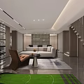 Modern Basement Interior Design With Sofa Bar Counter Marble Staircase And Cabinets 3d model
