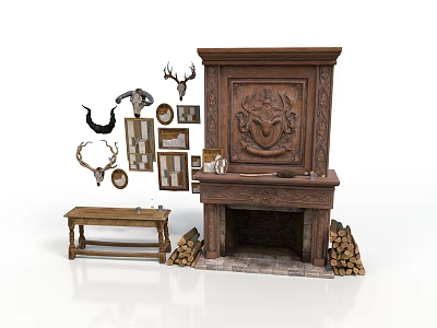 Vintage Carved Wooden Fireplace With Wood Logs Deer Antlers Picture Frames And Small Bench 3d model