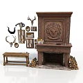 Vintage Carved Wooden Fireplace With Wood Logs Deer Antlers Picture Frames And Small Bench