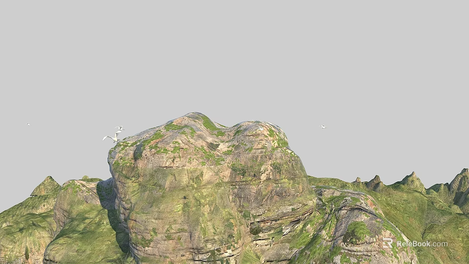 Beautiful Natural Rocky Mountain Scenery With Green Vegetation And Flying Birds Under Pale Clear Sky 3d model 