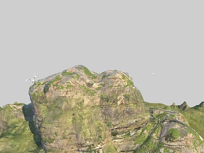 Beautiful Natural Rocky Mountain Scenery With Green Vegetation And Flying Birds Under Pale Clear Sky 3d model