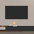 Modern Black Wooden TV Stand With Wall Mounted TV Decorative Vase And Table Lamp