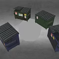 Different Colored Dumpsters With BFI Labels And Stickers On Gray Ground