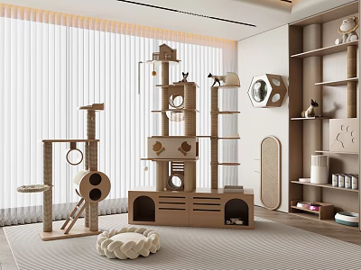 Indoor Modern Minimalist Cat Tree Beige Light Wood Multi tiered Shelves Round Holes Hanging Toys 3d model