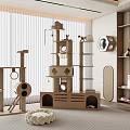 Indoor Modern Minimalist Cat Tree Beige Light Wood Multi tiered Shelves Round Holes Hanging Toys