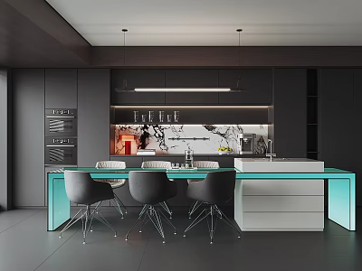 Modern Restaurant Kitchen Interior With Dark Cabinets Blue Countertop Hanging Lights And Chairs 3d model