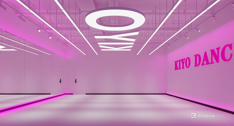 Modern Pink Fitness Dance Studio Interior With Neon Lights And Strip Lighting 3d model 