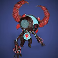 3D Character Creature Design With Black Body Red Horns Blue Eyes And Heart Symbol