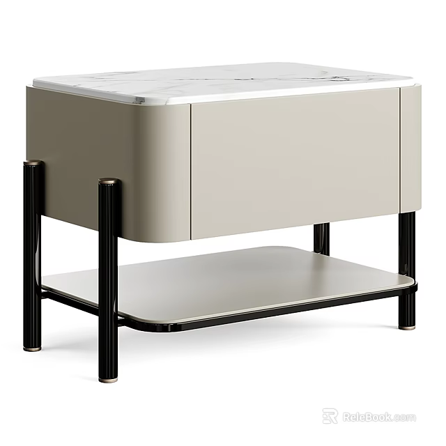 Modern Light Colored Nightstand With Black Metal Legs And Lower Open Shelf 3d model 